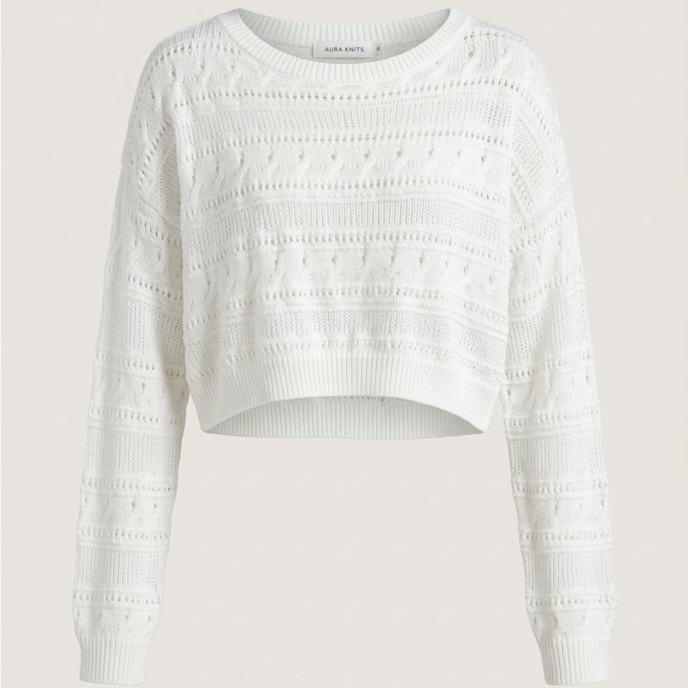 Abercrombie & Fitch White Cable Pointelle Cropped Sweater Long Sleeve XS
